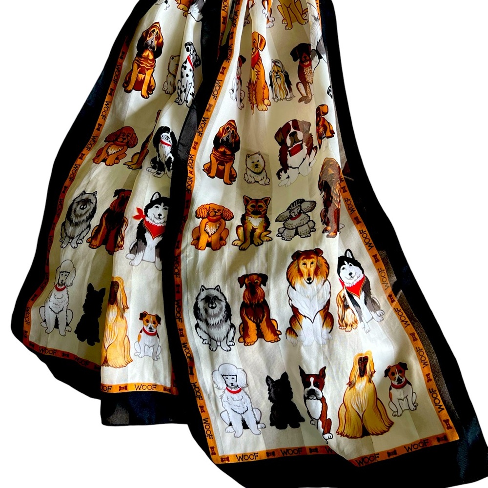 Woof Dog Print Scarf for Dog Lovers Sz 13”x58” Pics of Major Breeds.